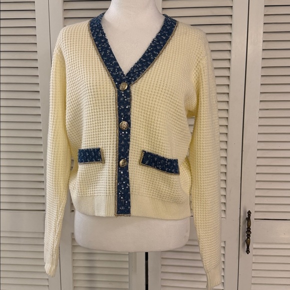 Nanette Lepore Waffle Knit VNeck Cardigan Sequined Tweed Like Trim Pockets NWT M - Picture 3 of 9